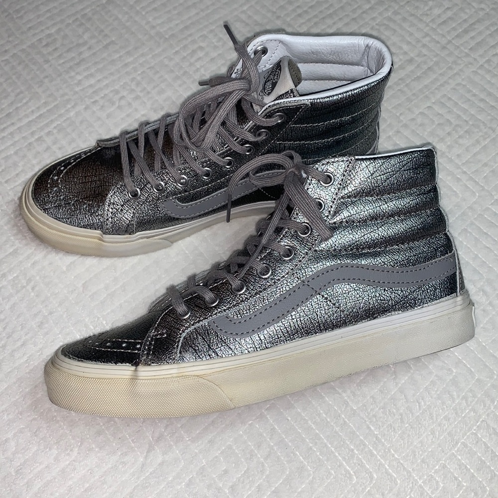 Vans Sk8 High Top Lace Up Sneakers, Silver Metallic w/ Gray Laces, Size W7